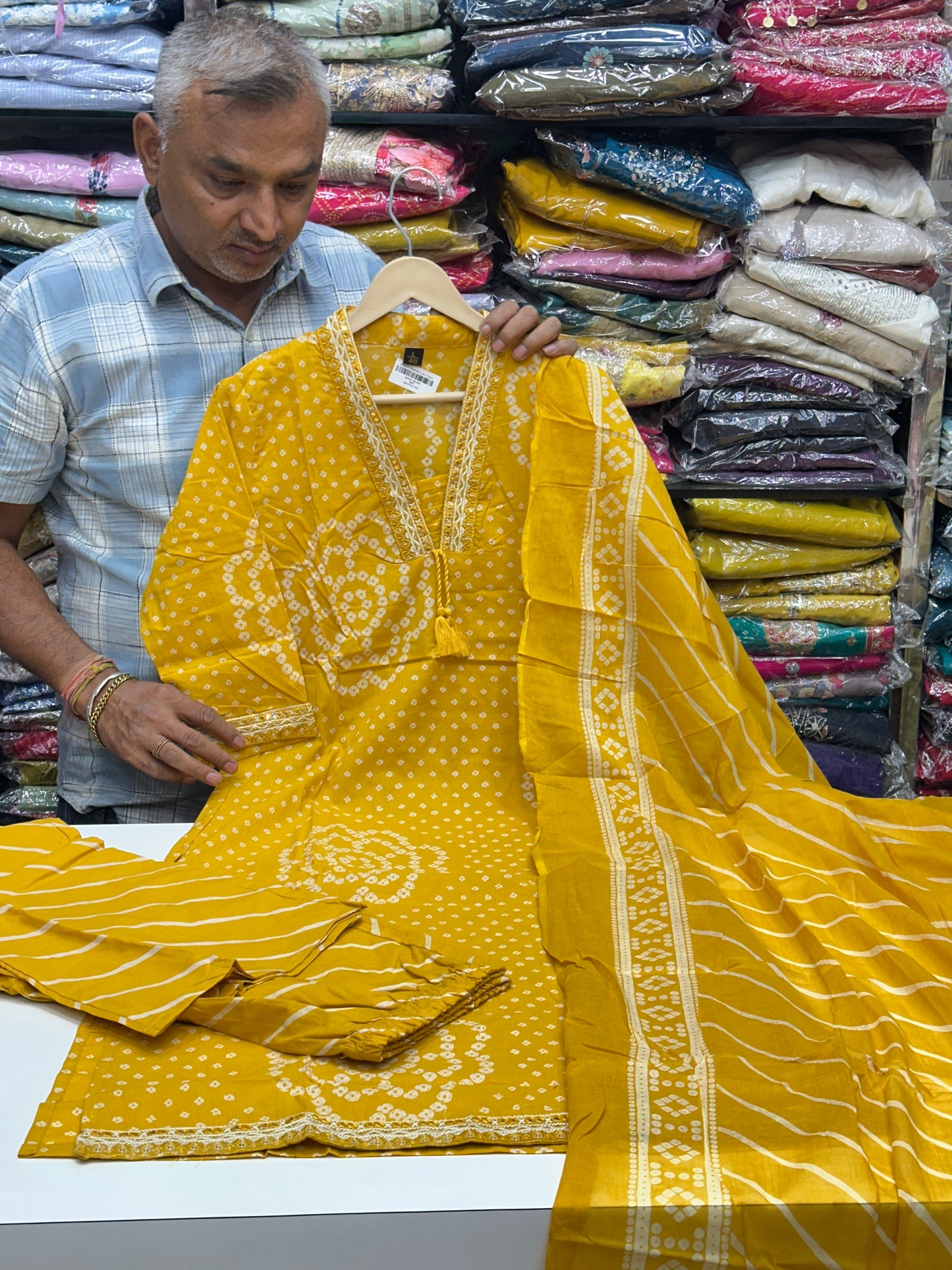Pure Cotton Yellow Bandhani Print Straight Suit Set with Lace Detailing | Rajasthani Ethnic Casual & Office Wear
