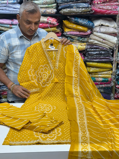 Pure Cotton Yellow Bandhani Print Straight Suit Set with Lace Detailing | Rajasthani Ethnic Casual & Office Wear