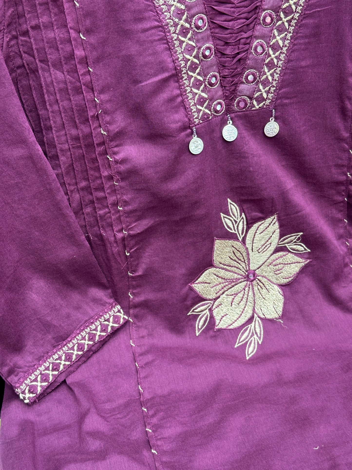 Pure cotton 3 piece kurta set with thread work detailing and hand painted dupatta