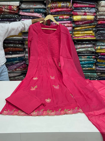 Soft Cotton Semiformal A line Suit with Heavy Embroidery work on sleeves and Border