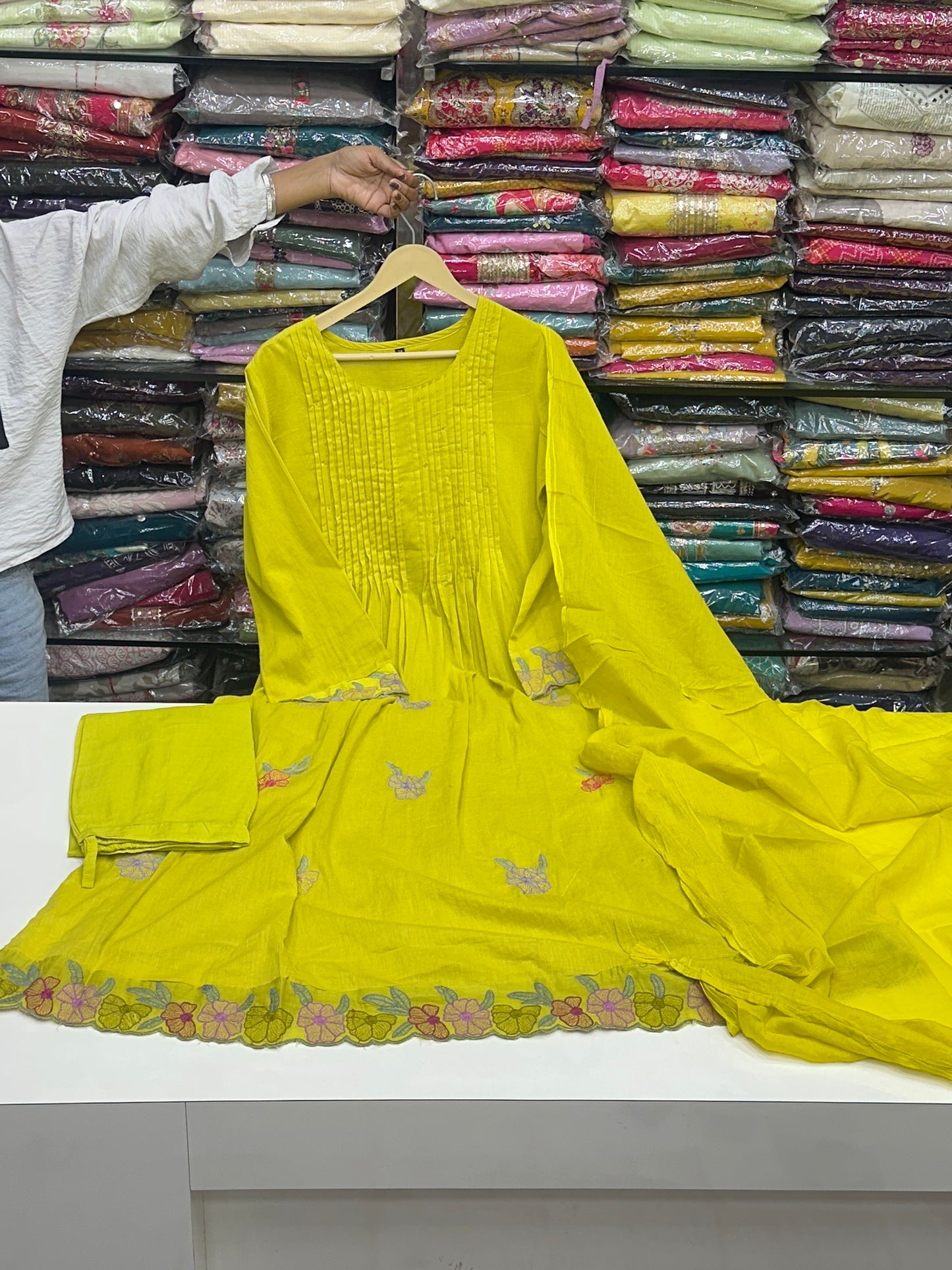 Soft Cotton Semiformal A line Suit with Heavy Embroidery work on sleeves and Border