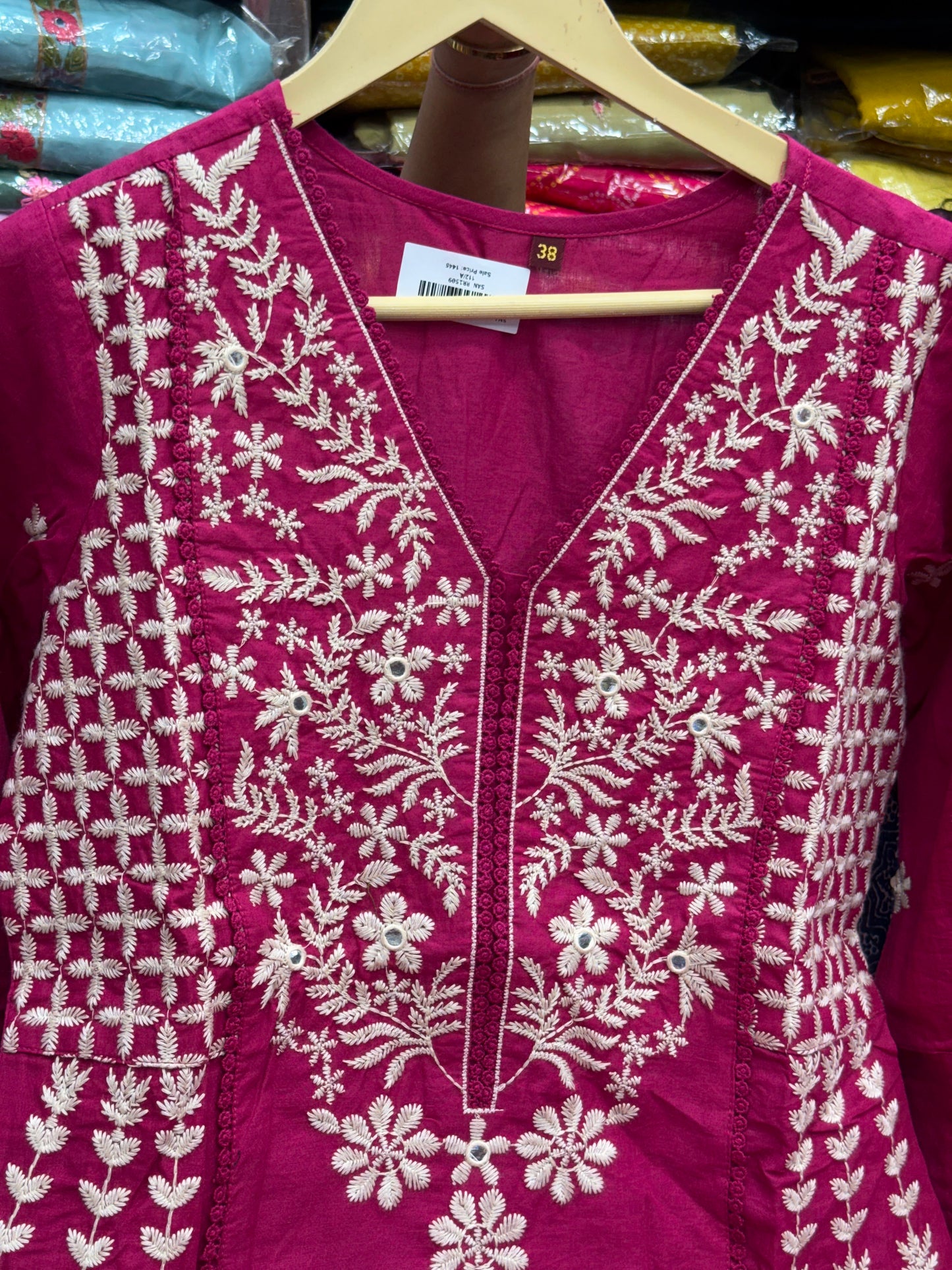 Women's Rani Pink A-Line Cotton Suit with White Lucknowi Embroidery (3-Piece)