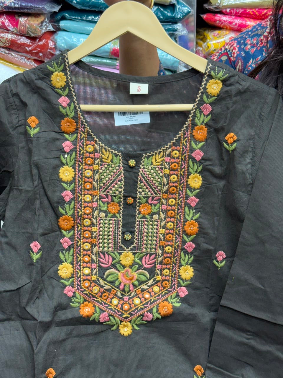 3 piece pure cotton kurta set with colorful hand work detailing all over neck and sleeves
