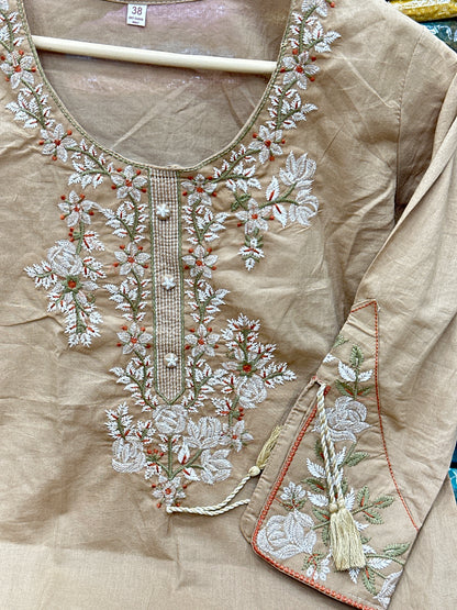 Soft Cotton Semiformal Straight Suit with Heavy Embroidery work on sleeves & Border and bottom