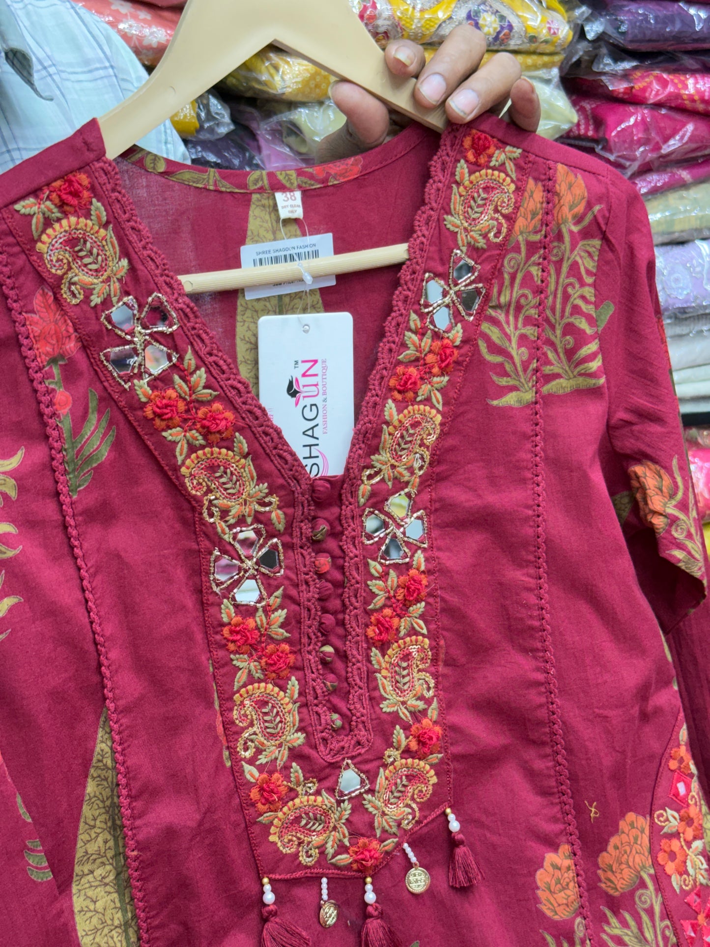 Handblock Printed Cotton 3-Piece Suit Set with Neck Embroidery