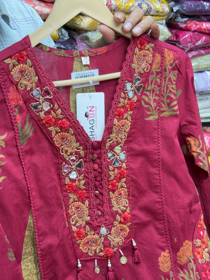 Handblock Printed Cotton 3-Piece Suit Set with Neck Embroidery