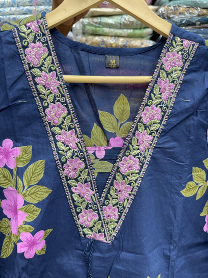Women's Pure Cotton Floral Printed 3-Piece Kurta Set with Lace Work V-Neck, Loose Pants and Printed Dupatta