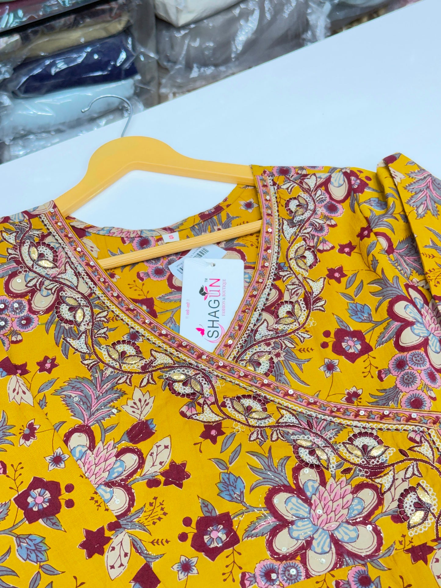 Pure Cotton Mustard Yellow Jaipuri Floral Printed Angrakha Anarkali Kurta Set with Pants & Dupatta (3-Piece)