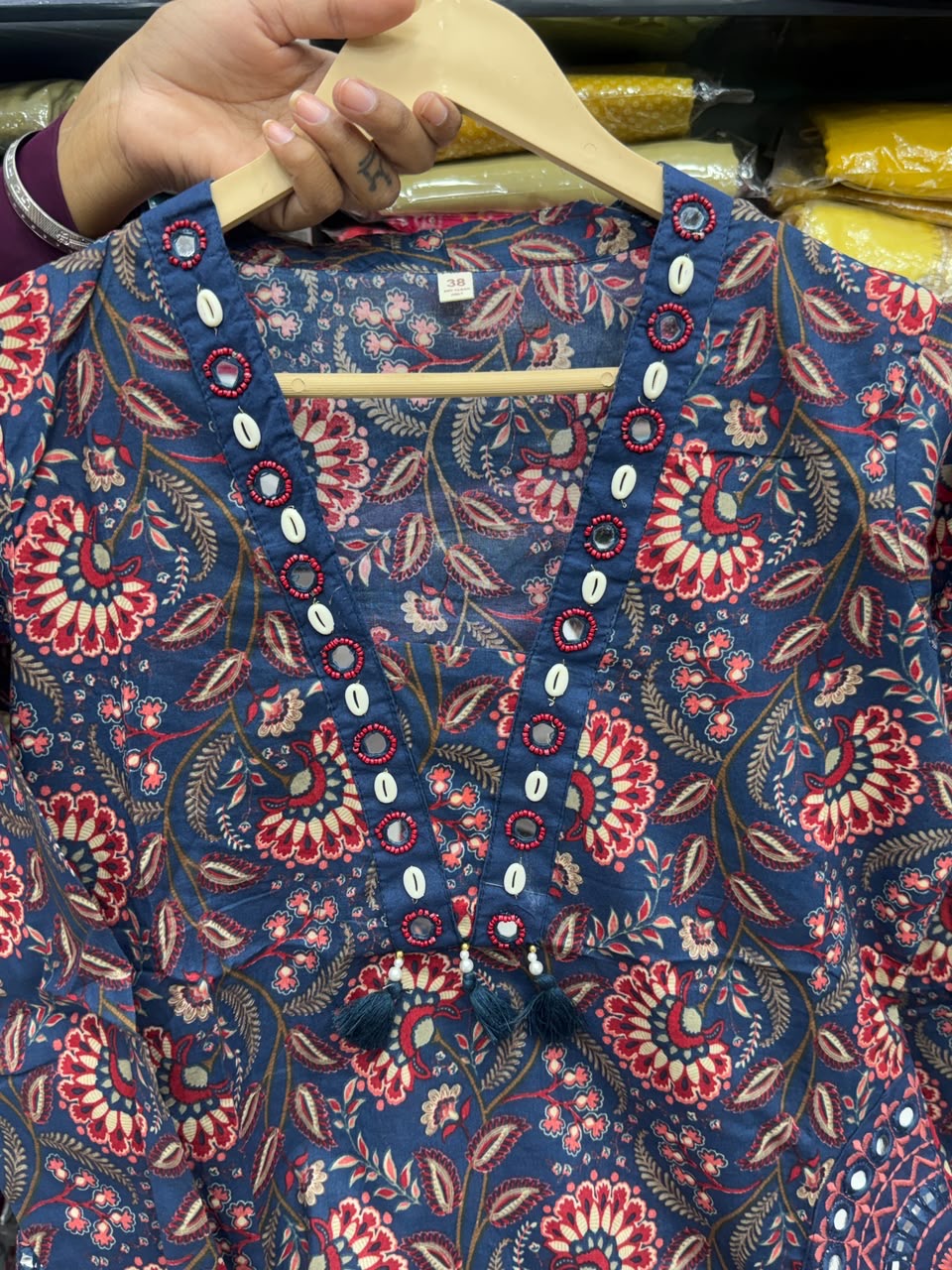 3 piece pure cotton kurta set with pocket , hand work detailing all over pocket and designer neck with floral block print