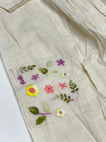 Off-White Doriya Mul Cotton 3-Piece Kurta Set with flower Embroidery & Floral doodle on Dupatta and Pockets | Premium Summer Ethnic Wear for Women