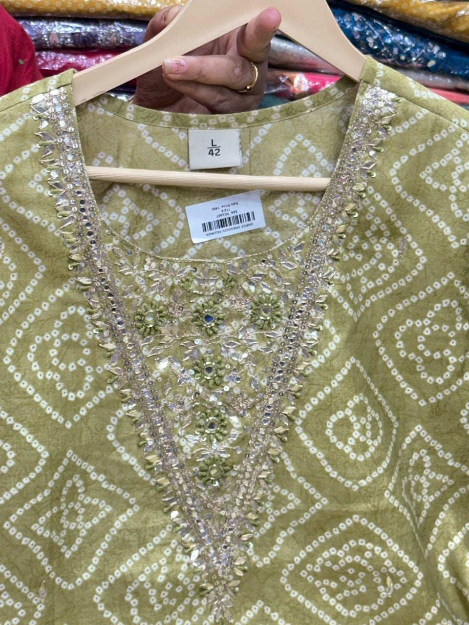 Pure Muslin Bandhej Print 3-Piece Kurta Set with Neck Detailing – Kurta, Pants & Dupatta