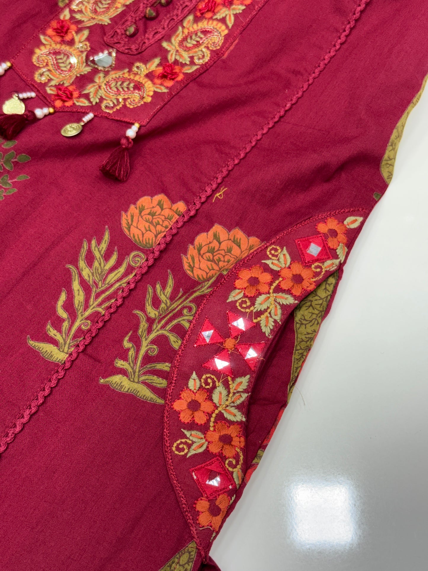 Handblock Printed Cotton 3-Piece Suit Set with Neck Embroidery