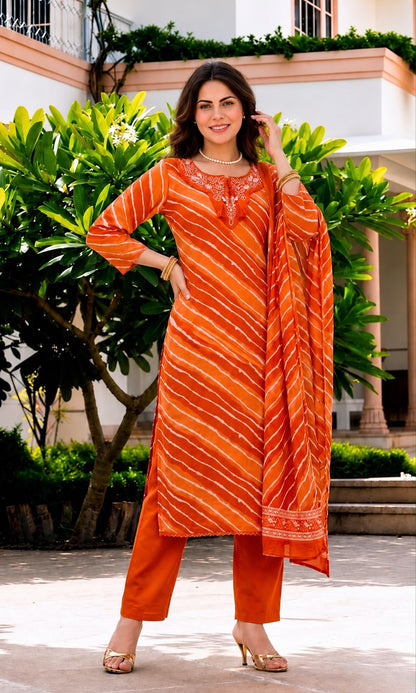 Pure Cotton Leheriya 3-Piece Ethnic Suit Set with Thread Work