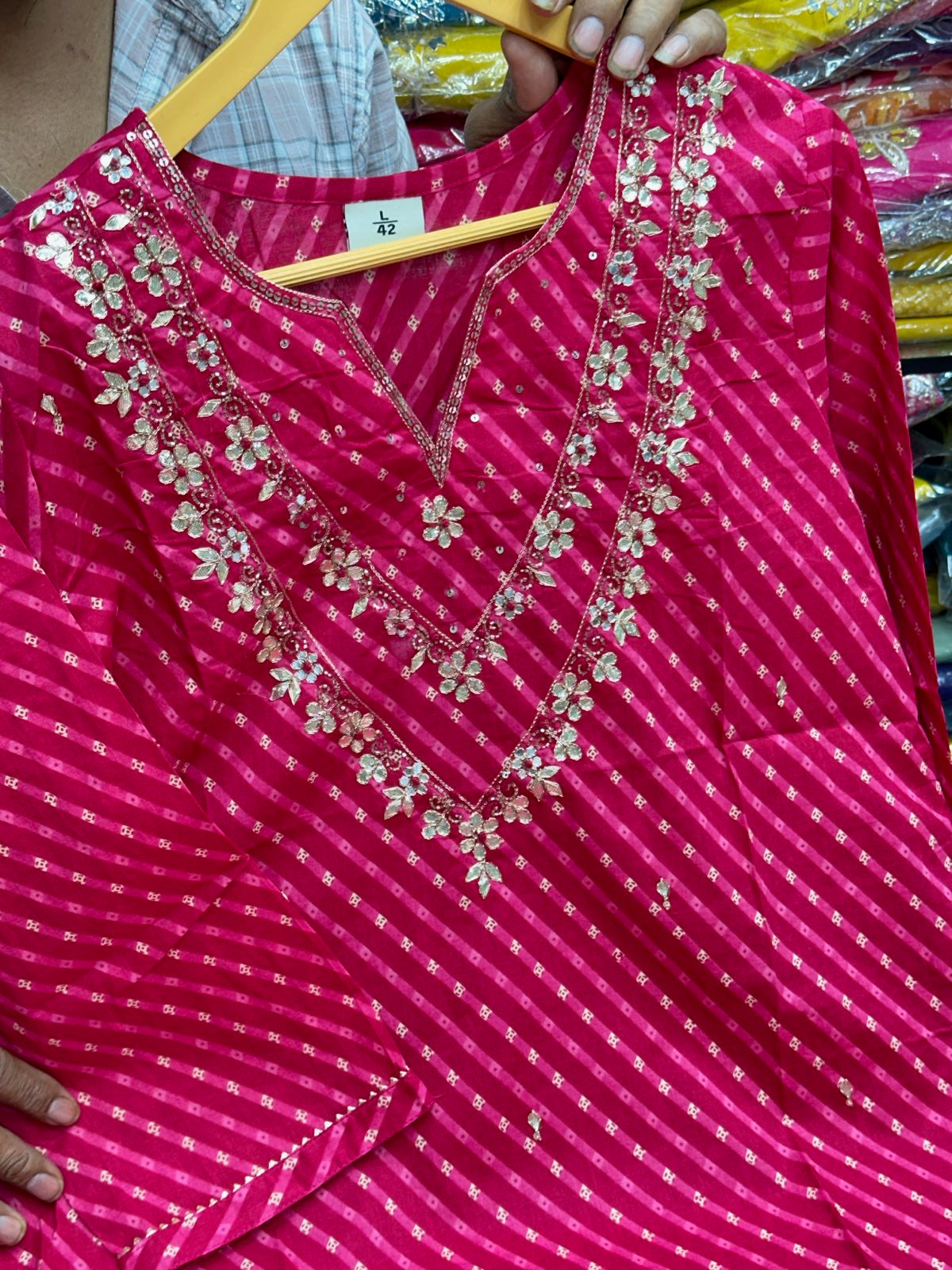 Pure Cotton Leheriya 3-Piece Suit Set with Gota Patti Work