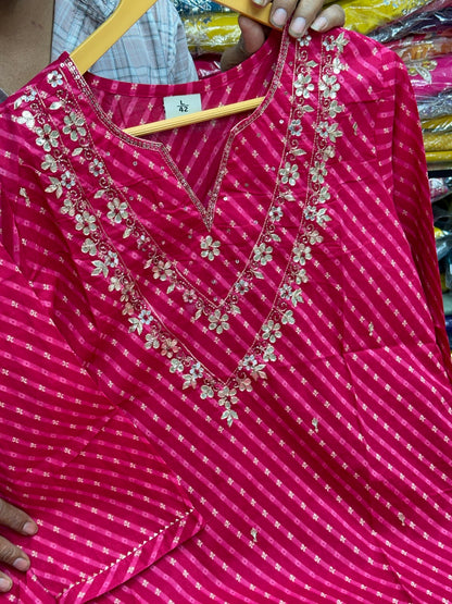 Pure Cotton Leheriya 3-Piece Suit Set with Gota Patti Work
