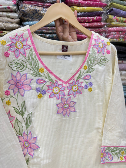 Pastel Pink Self-Texture Mul Cotton 3-Piece Kurta Pant Set with Dupatta & Lining | Floral Thread Work Summer Suit Set