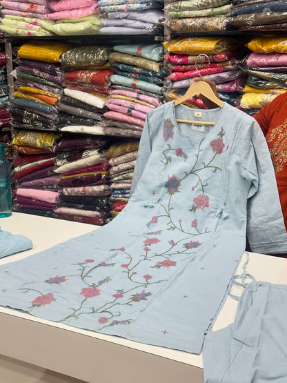 3 piece pure cotton Straight Suit kurta set with colorfull Embroidered  detailing all over the kurta RR1505