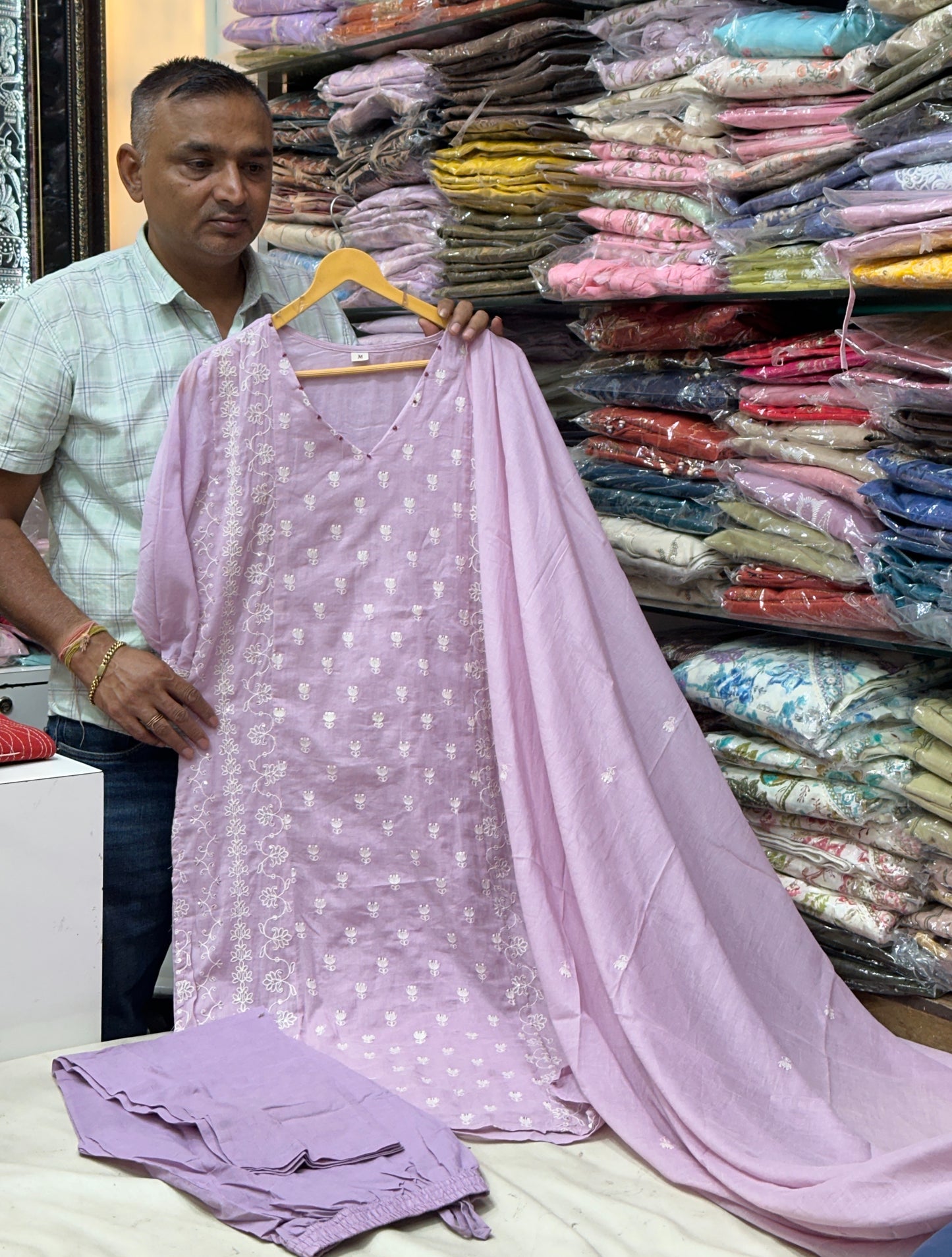 Onion color semi formal pure mul cotton, thread work detailing on top