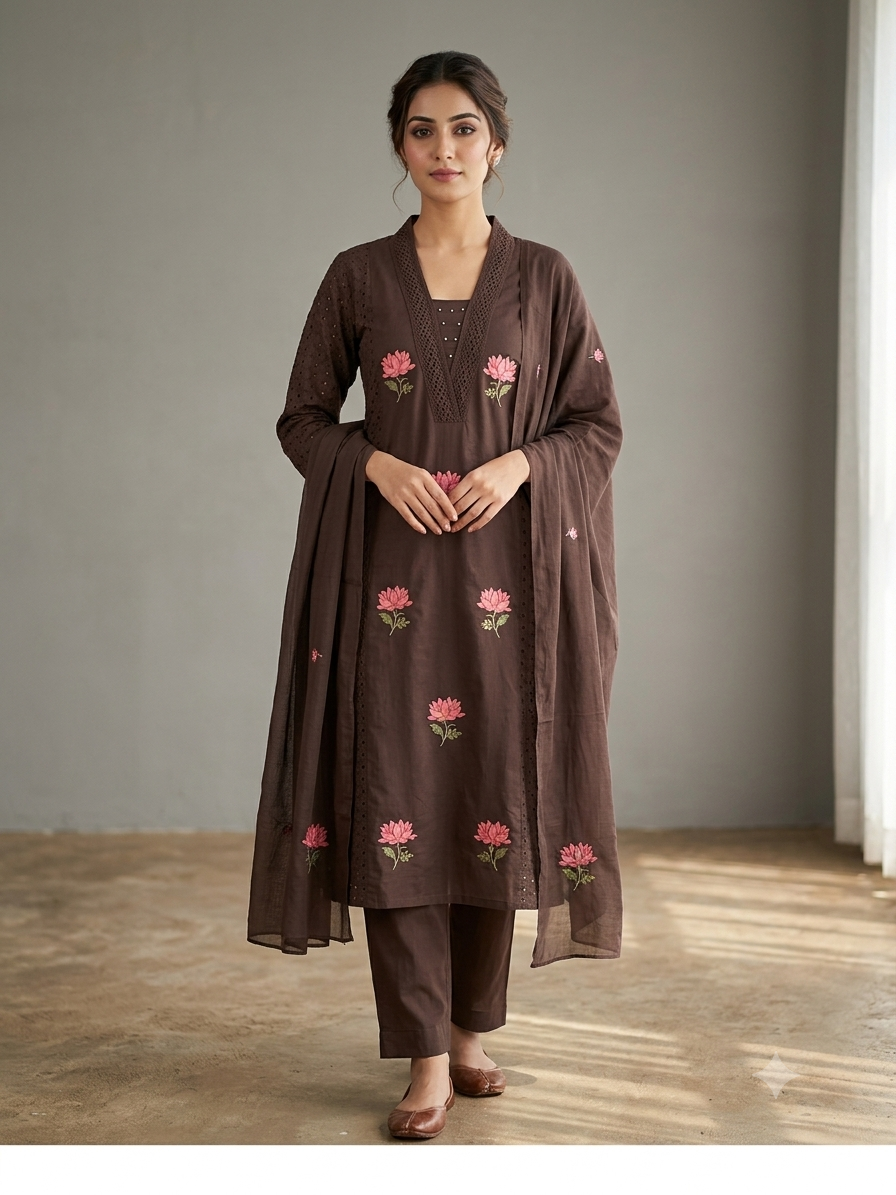 Women Pure Cotton Schiffli & Thread Work Kurta Set with Pants & Dupatta (Set of 3)