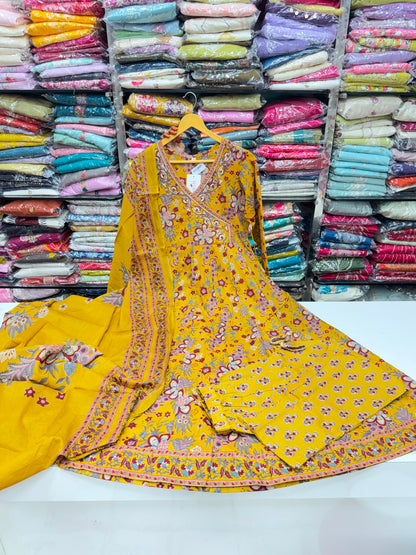 Pure Cotton Mustard Yellow Jaipuri Floral Printed Angrakha Anarkali Kurta Set with Pants & Dupatta (3-Piece)