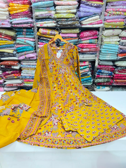 Pure Cotton Mustard Yellow Jaipuri Floral Printed Angrakha Anarkali Kurta Set with Pants & Dupatta (3-Piece)