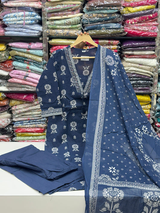 Women's Pure Cotton Floral Printed 3 Piece Kurta Set | V-Neck Straight Kurti with Pant and Dupatta RR1499