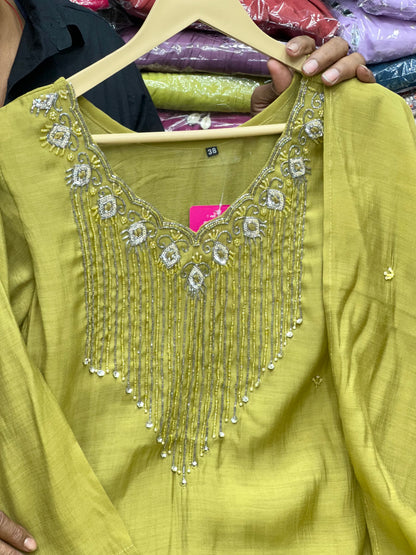 Pure Mul Chanderi Handwork Party Wear Kurta Set | Exquisite Kolkata Hand-Embroidered 3-Piece Festive Outfit