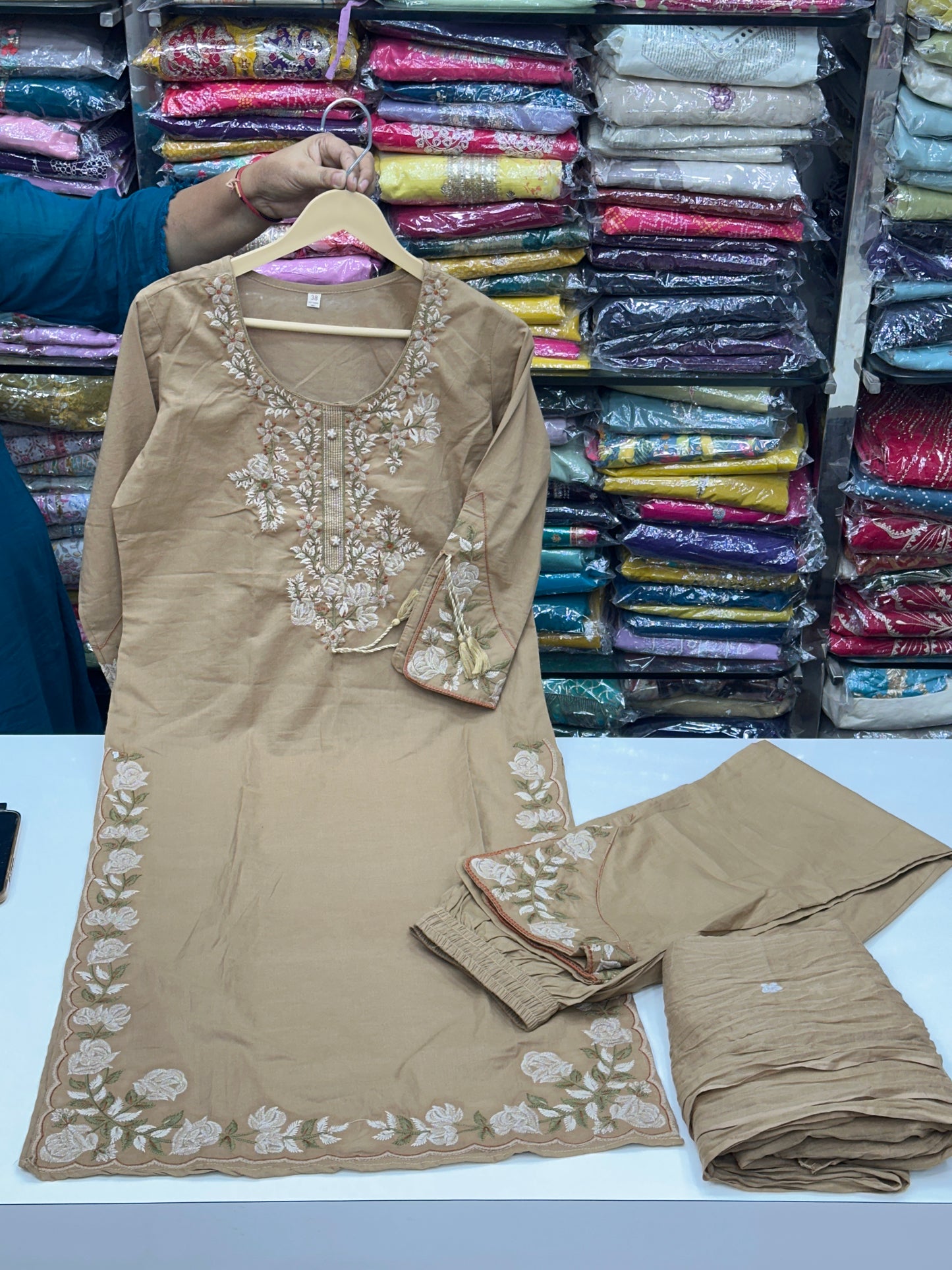 Soft Cotton Semiformal Straight Suit with Heavy Embroidery work on sleeves & Border and bottom