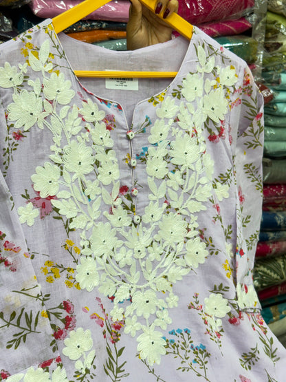 Cotton Floral Printed Kurta Set with Lucknowi Chikankari Embroidery & Dupatta (3-Piece)