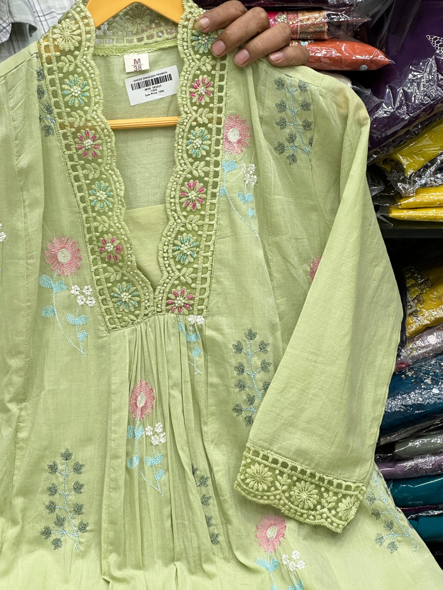 Pastel Pure Mul Cotton Embroidered 3-Piece Kurta Set with Floral Thread Work & Lace Detailing