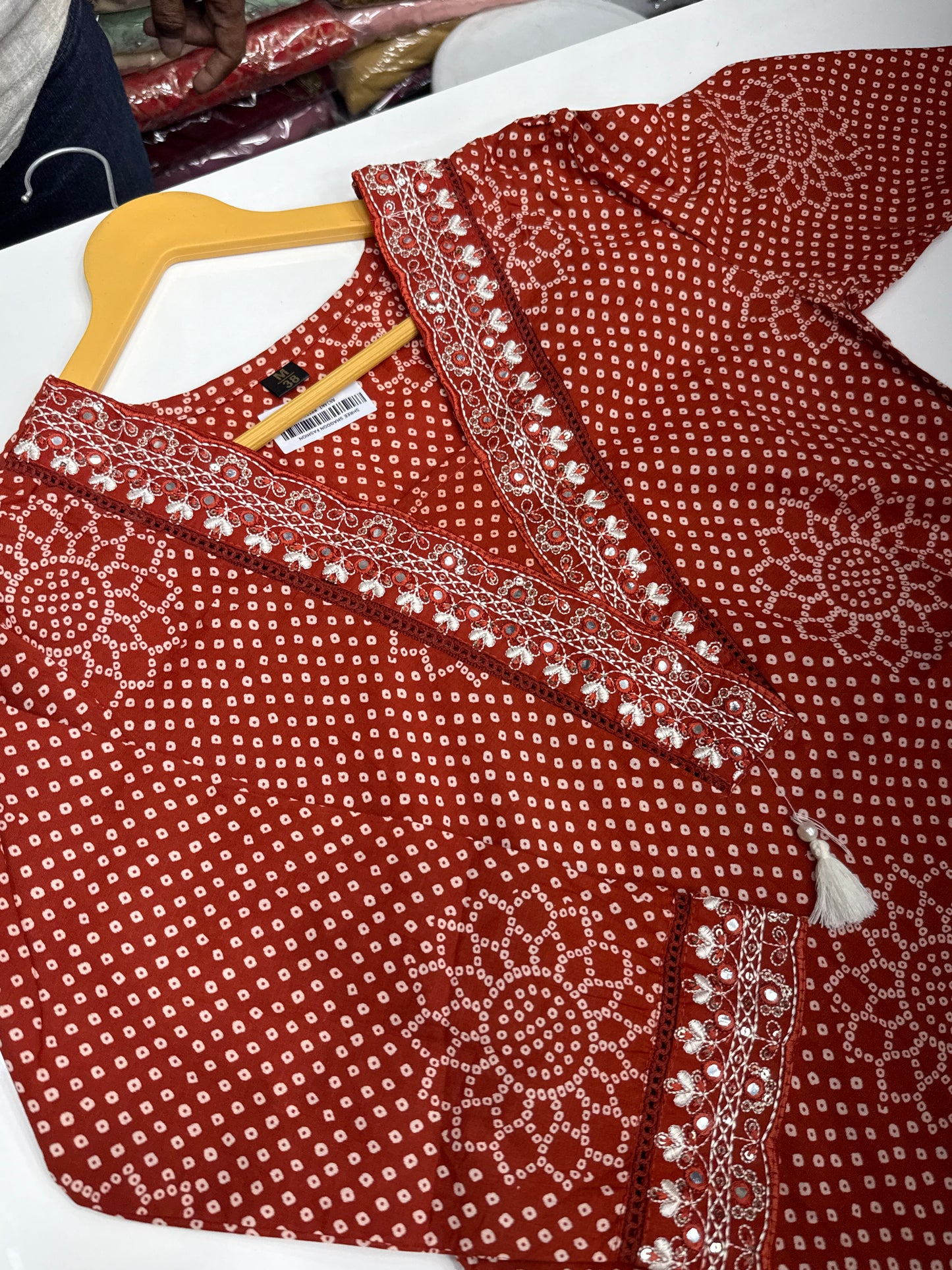 Vibrant Pure Cotton Bandhani Print Kurta Set with Leheriya Dupatta | Sawan Special V-Neck Suit with Lace Work | Comfortable Summer Wear RR1527