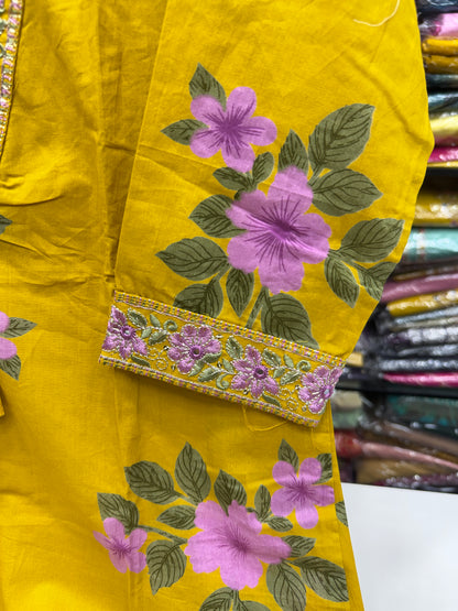 Women's Pure Cotton Floral Printed 3-Piece Kurta Set with Lace Work V-Neck, Loose Pants and Printed Dupatta