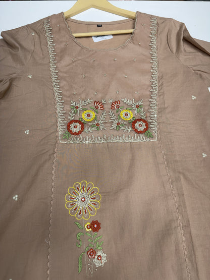 Pure Cotton 3-Piece Kurta Set with Thread Work & Organza Neck Detailing | Comfortable Summer Ethnic Suit with Beautiful Dupatta RR1469