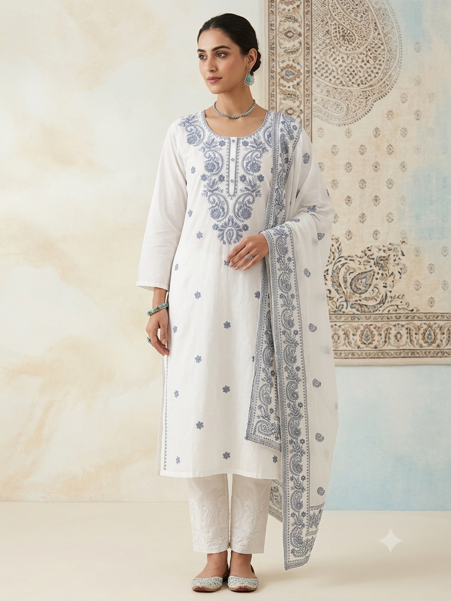 White Pure Mulmul Cotton Embroidered Kurta Set with Inner Lining