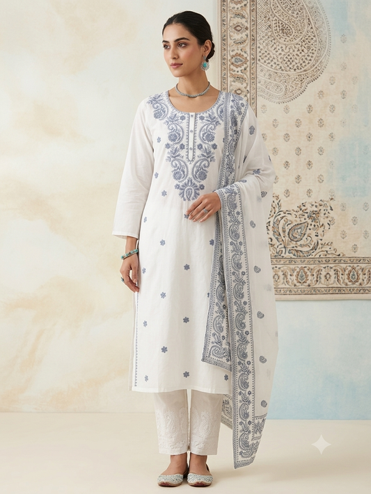 White Pure Mulmul Cotton Embroidered Kurta Set with Inner Lining