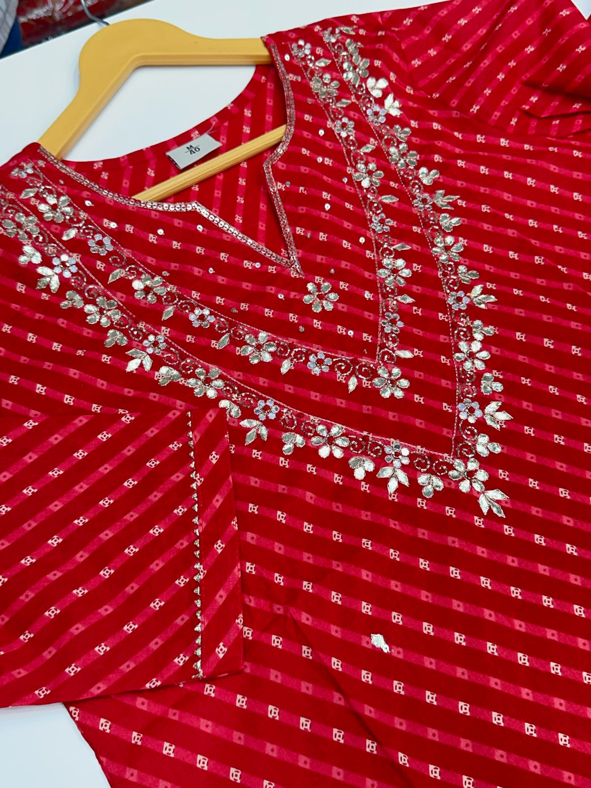 Pure Cotton Leheriya 3-Piece Suit Set with Gota Patti Work