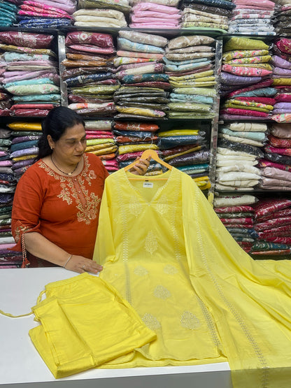 Butter Yellow Pure Mulmul Cotton Embroidered 3-Piece Kurta Set with Lining