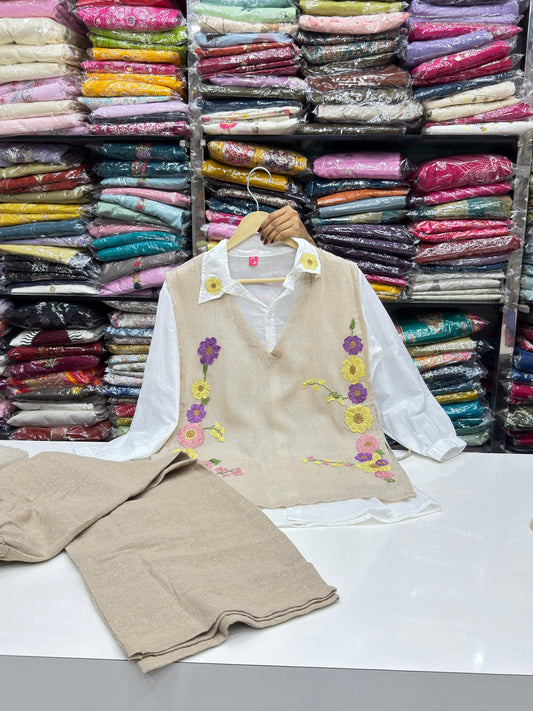 Handcrafted 3-Piece Jute Cord Set |Jute Vest with Floral Embroidery & Matching Bottoms | Eco-Friendly Boho Outfit