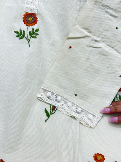 Pure Cotton 3-Piece Kurta Set with Doodle Embroidery & Lace Work | Comfortable Summer Aesthetic Ethnic Wear for Women