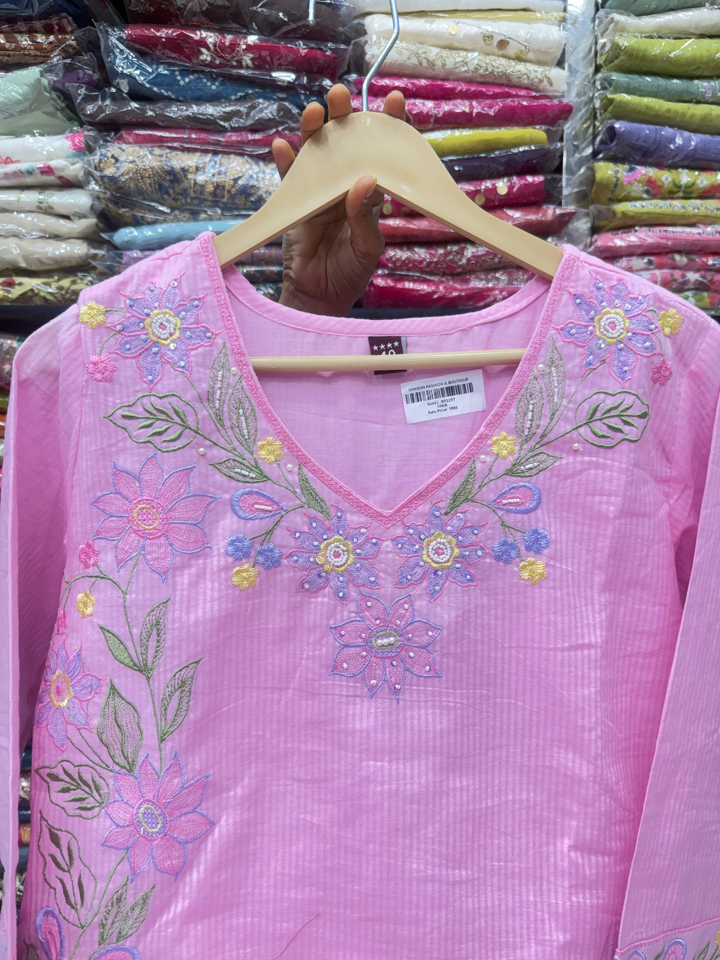 Pastel Pink Self-Texture Mul Cotton 3-Piece Kurta Pant Set with Dupatta & Lining | Floral Thread Work Summer Suit Set
