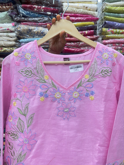 Pastel Pink Self-Texture Mul Cotton 3-Piece Kurta Pant Set with Dupatta & Lining | Floral Thread Work Summer Suit Set