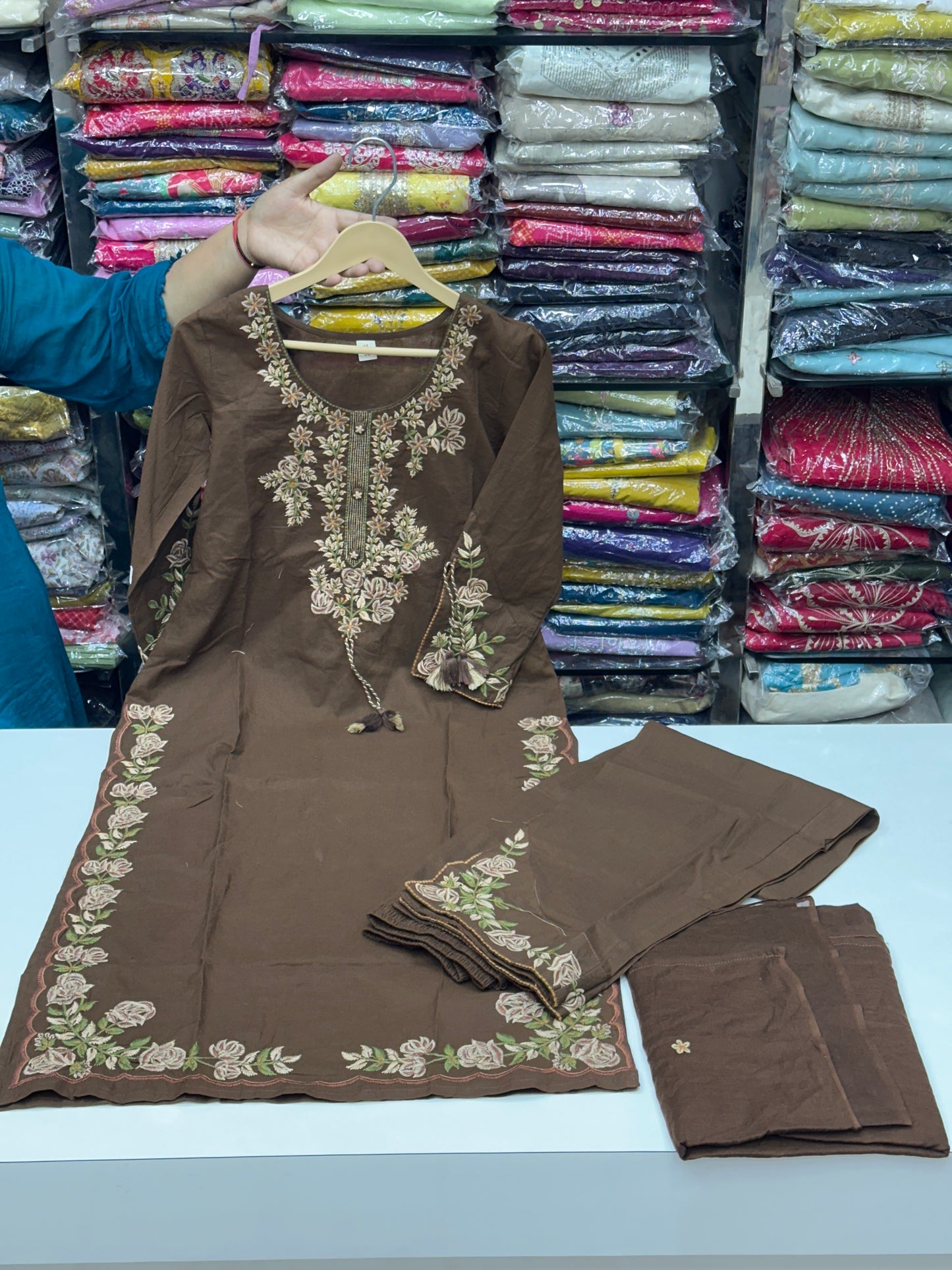 Soft Cotton Semiformal Straight Suit with Heavy Embroidery work on sleeves & Border and bottom