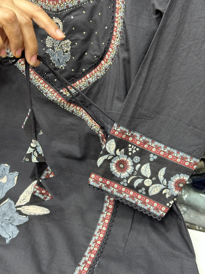 Pure Cotton Hand Block Floral Print 3-Piece Suit Set with Neck Detailing & Slit Pants