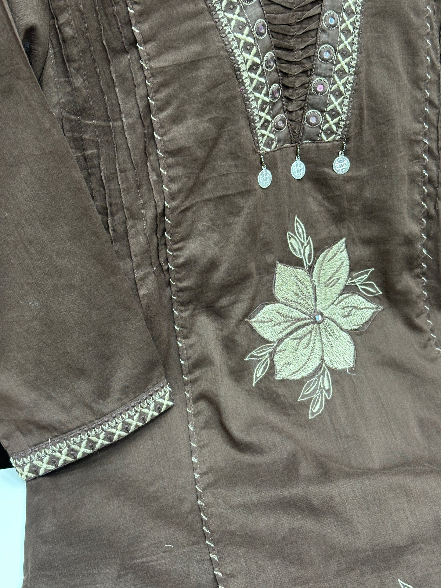 Pure cotton 3 piece kurta set with thread work detailing and hand painted dupatta