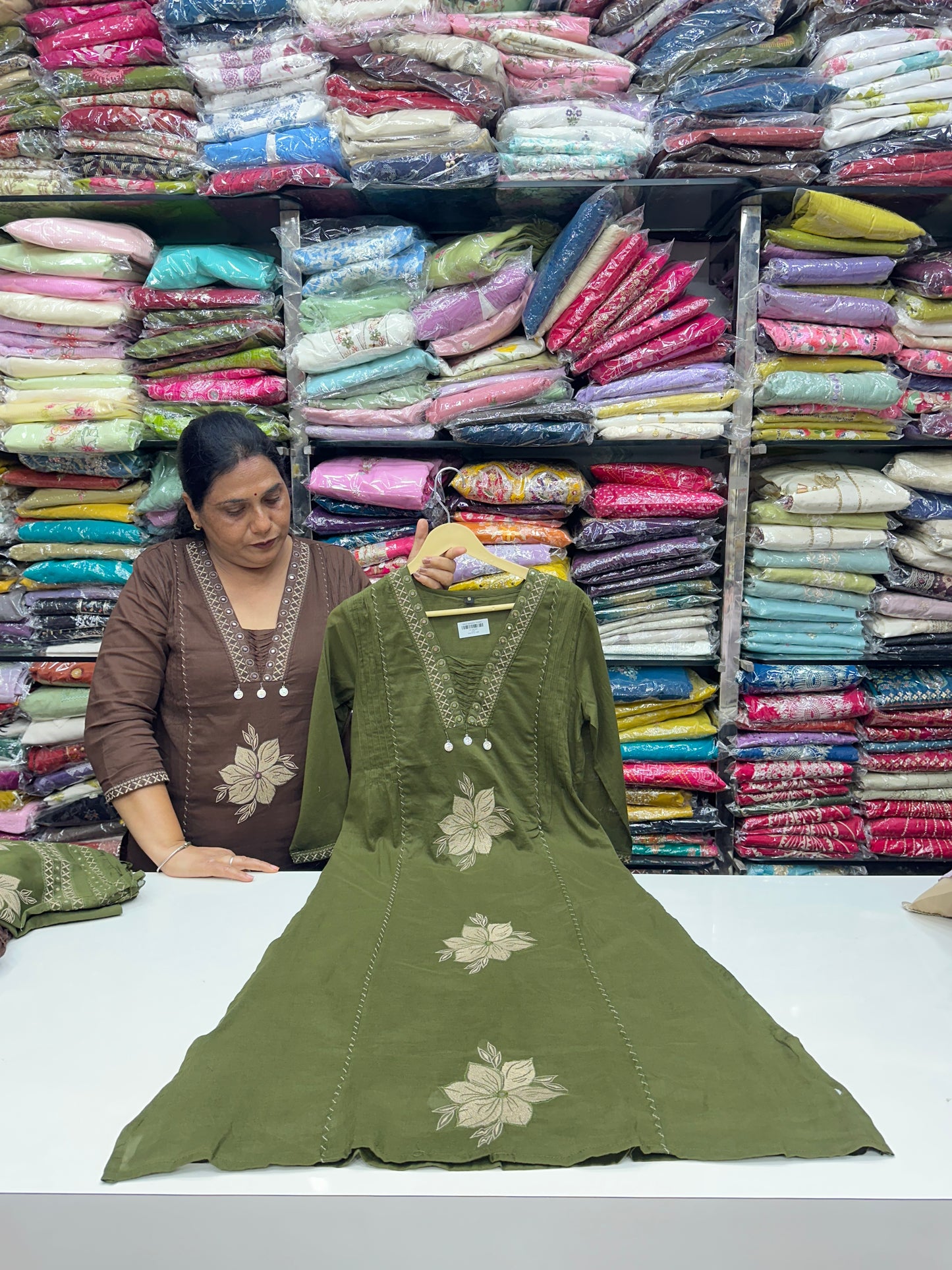 Pure cotton 3 piece kurta set with thread work detailing and hand painted dupatta