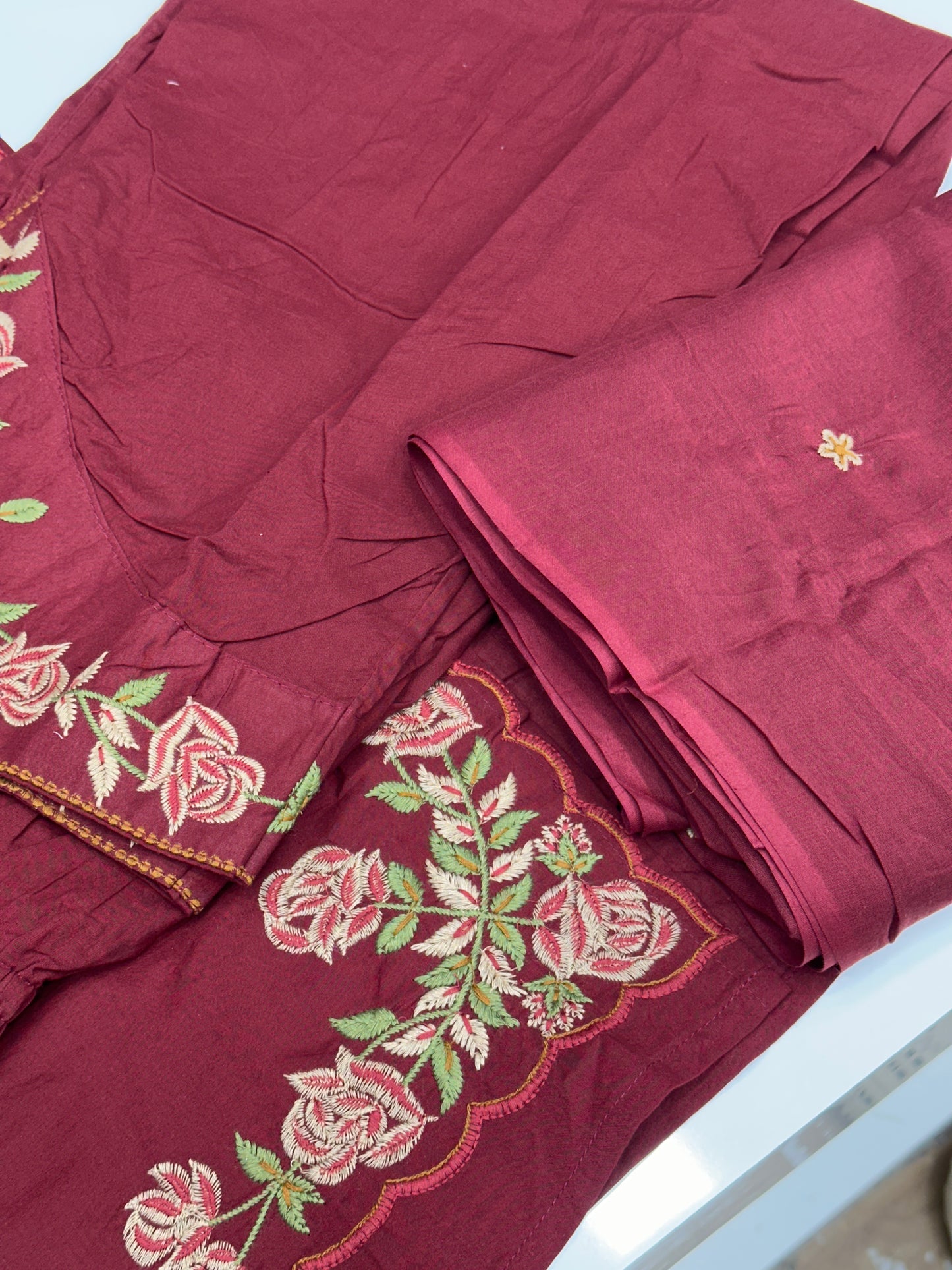 Soft Cotton Semiformal Straight Suit with Heavy Embroidery work on sleeves & Border and bottom