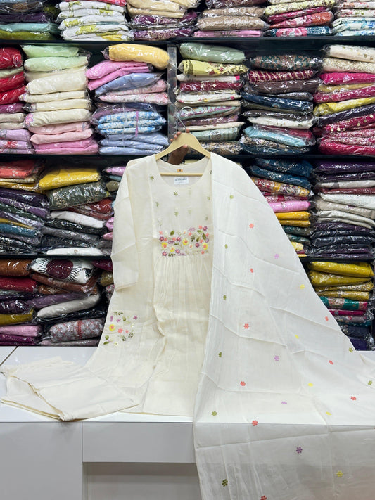 Off-White Doriya Mul Cotton 3-Piece Kurta Set with flower Embroidery & Floral doodle on Dupatta and Pockets | Premium Summer Ethnic Wear for Women
