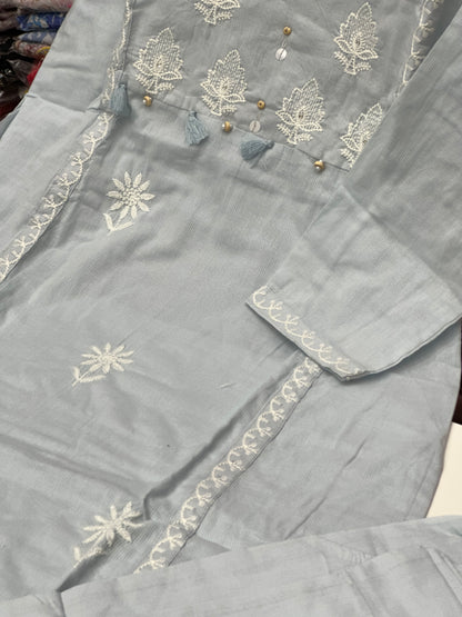 Pure Cotton Hand Embroidered Kurta Set for Women | 3-Piece  Suit with Tassels | Comfortable Simple Office Wear RR1503