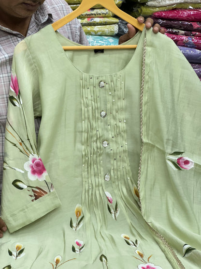 Hand-Painted Mul Chanderi A-Line Kurta Set with Mul Cotton Lining | Festive Party Wear