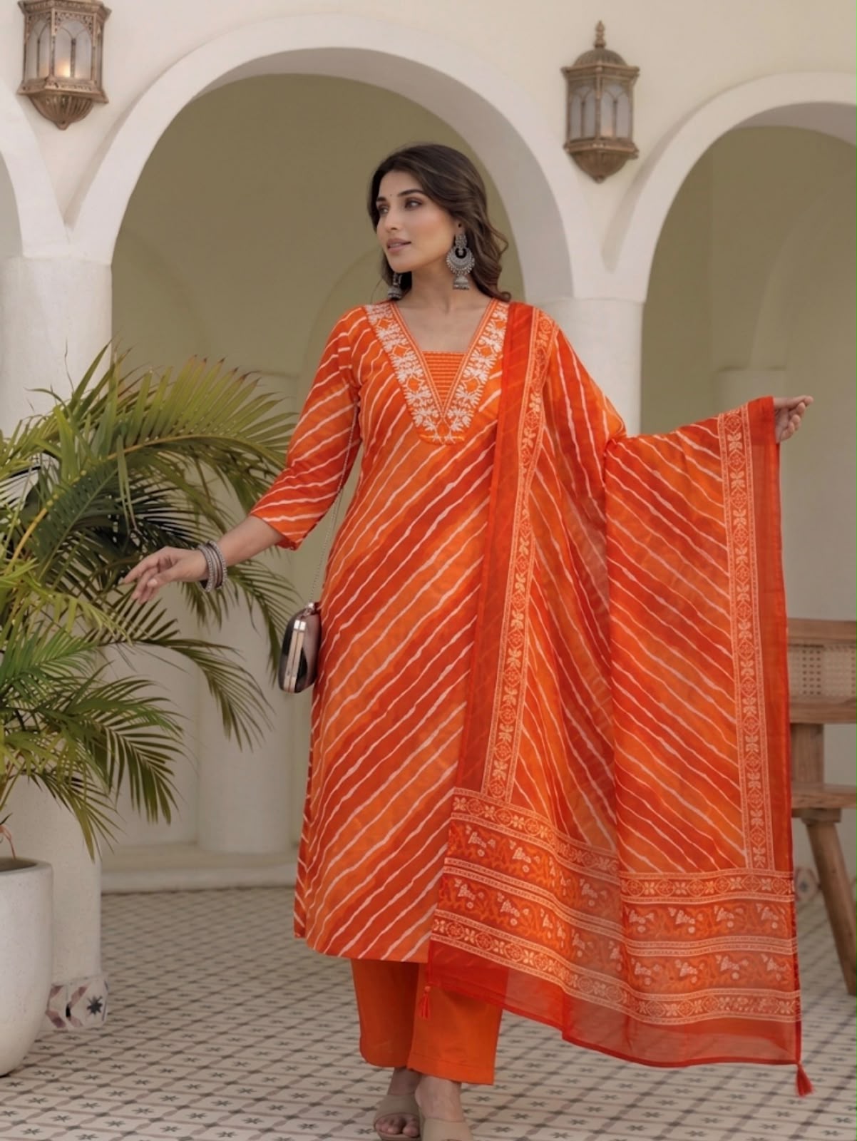 Pure Cotton Leheriya 3-Piece Ethnic Suit Set with Thread Work